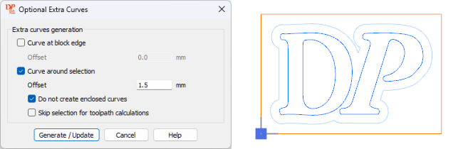 The extra curves dialog, and an offset curve screenshot.