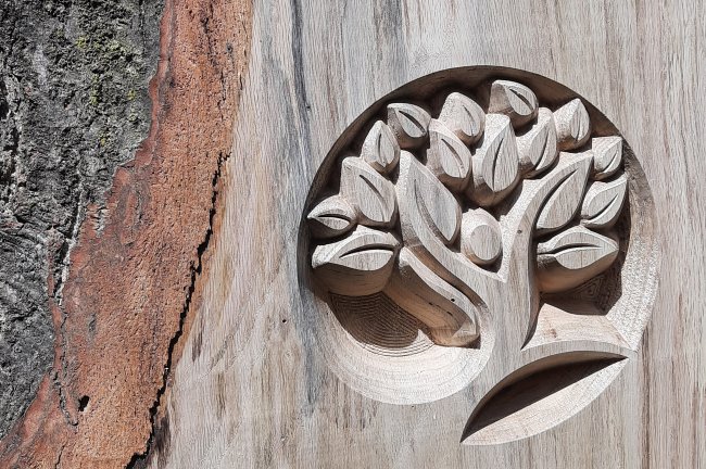 The V-carved logo in wood