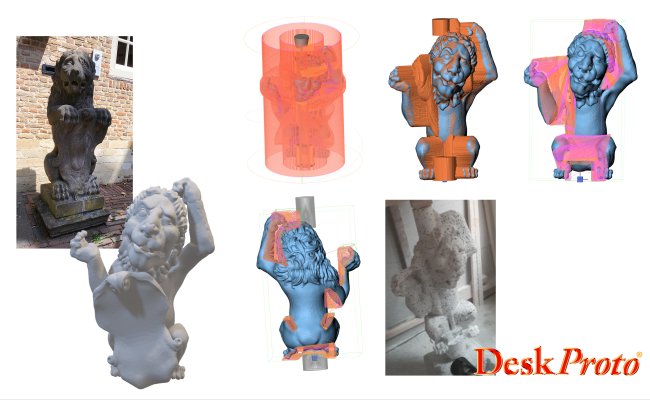 The original statue, toolpaths for rotary and for indexed, the resulting foam model