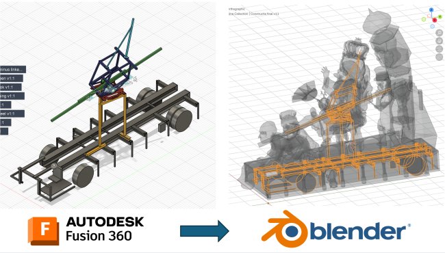 Two screenshots (Fusion and Blender) showing the moving parts.