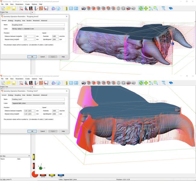 Roughing and finishing toolpaths on the DeskProto screen