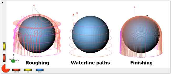 DeskProto screenshot showing three spheres, each with toolpaths