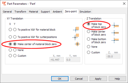 DeskProto translation settings X center, Y center, Z top.